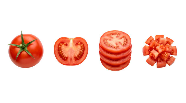 Fresh red tomato collection, whole tomato with half and sliced pieces, diced tomato cubes on white background, organic vegetable set
