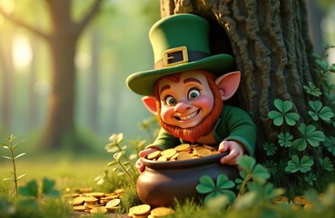 Naklejka premium Mischievous leprechaun hides with pot of gold coins behind tree in sunny forest. Small fantasy creature wears green hat, smiles slyly, guards treasure. Clover leaves and grass surround him.