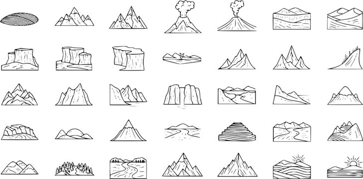 Hand-drawn Doodle Landforms and Landscapes Collection - Mountains, Volcanoes, Hills, Plateaus, and Forests Vector Icons Set