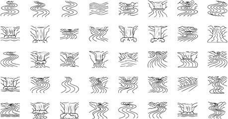 Hand-Drawn Rivers and Waterfalls Outline Icons Collection: Nature Streams, Water Flow, and Cascades Doodles Set © naila