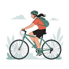 Naklejka premium Woman Rides Bicycle Outdoors on Sunny Day with Backpack.