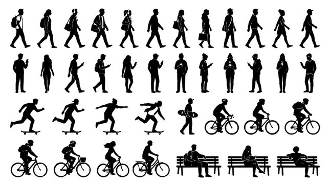 Black silhouettes of people walking running cycling and sitting on benches in a modern urban lifestyle vector collection