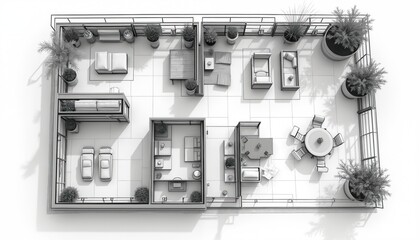 Obraz premium Top view schematic of modern house floor plan with furniture, balconies, plants and garage space. Architects create residential building interior and exterior designs for luxury homes.