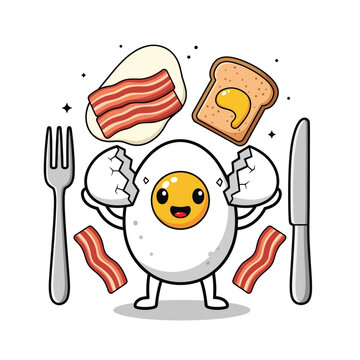 Cartoon Egg Character with Bacon and Toast Breakfast Illustration.