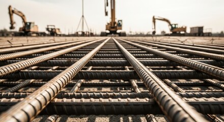Fototapeta premium Rebar steel reinforcement laying for concrete foundation on construction site