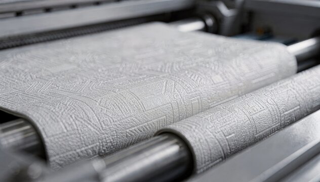 Medium shot capturing textured polypropylene binder covers being formed focusing on intricate surface patterns and tactile quality during an automated assembly process.