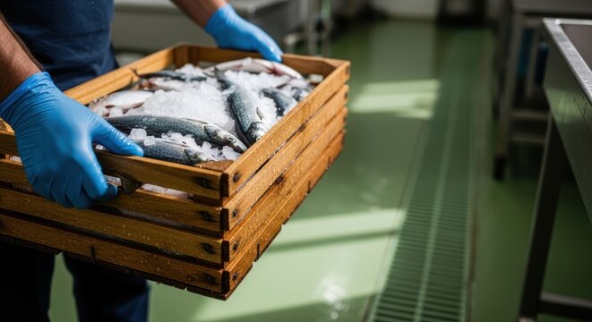Fish farmer holding wooden crate with fresh iced fish in seafood processing plant