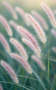 Soft pink grasses sway gently in a sunlit dreamy meadow.