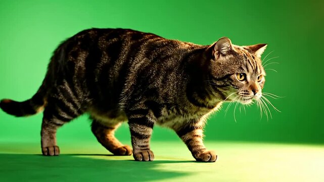 Adorable Tabby Cat Walking On Vibrant Green Screen Background, Perfect For Compositing And Video Overlay with Lively Expression In 4K Quality