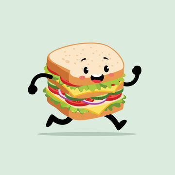 Cartoon Sandwich Running Happily Across a Light Green Background.