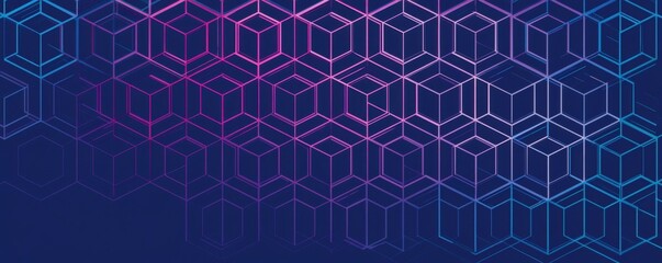 Fototapeta premium an abstract digital pattern on a deep blue background, composed of numerous outline cubes that interlock the colors of the lines forming the cubes change from blue to pink to purple Generative AI