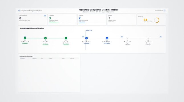 Regulatory compliance deadline tracker dashboard timeline with milestone progress monitoring risk assessment obligation management interface