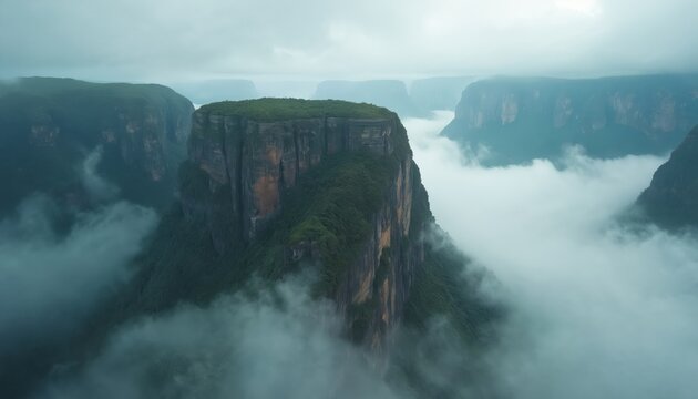 Aerial drone shot of mist shrouded tepui mountains, unique geological formation in Venezuela. Steep cliffs covered with green forest reach high into cloudy sky, remote wilderness landscape.