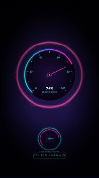 Performance gauge dashboard server load monitor animation neon gradient cpu memory metrics real-time system