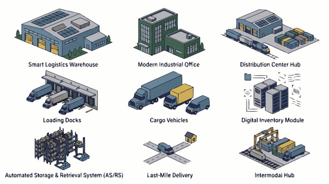 Various industrial and logistics concepts illustrated.