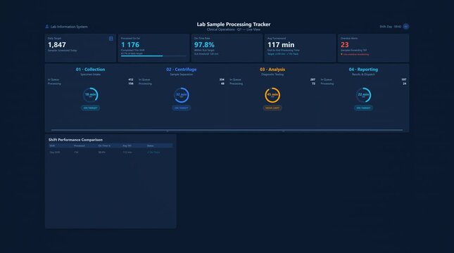 Lab sample processing tracker dashboard interface showing clinical operations data visualization with specimen testing metrics turnaround time analysis and reporting dark mode design