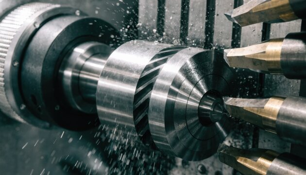 Detailed view of a precision motor rotor turning process with sharp cutting tools emphasizing the intricate shaping of rotor surfaces for optimal performance in precision