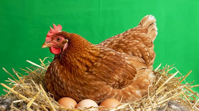 Brown Hen Sitting on Nest with Eggs Isolated on Green Screen Background for Agricultural and Animal Care Media Projects