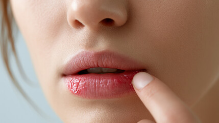 Naklejka premium A close-up view of severely chapped lips showing rough skin texture, featuring a small, distinct fissure or split on the lower lip.