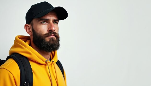 Man with beard and yellow hoodie wears black cap and backpack. He looks ahead seriously. He is ready for journey, adventure or travel. Casual style with confident expression.
