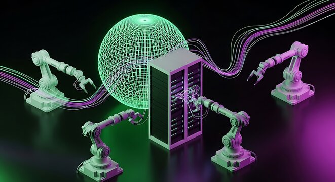 Robotic arms assemble hardware near a glowing digital sphere and server rack in a dark futuristic facility with sharp focus. Ideal for smart manufacturing and cloud computing marketing.