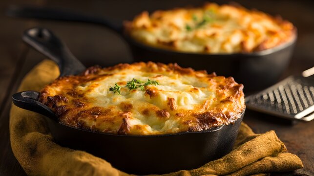 Delicious Baked Shepherds Pie Served in Individual Cast Iron Skillets.