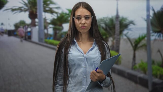Teenage woman in striped shirt wearing clear glasses holds clipboard and points finger forward with visible hand on a palm lined street by the sea; determination purpose drive.