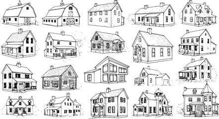 Naklejka premium Architectural Line Art Collection: Diverse Houses, Homes, and Barns. Hand-Drawn Sketches of Residential Buildings, Farm Structures, and Various Home Styles for Design Projects.