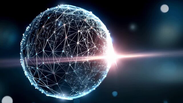 ネットワークのような幾何学模様の光の点と線で構成された球体