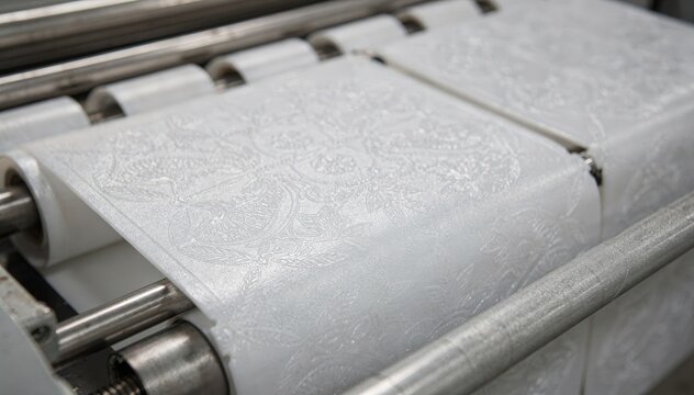 Medium shot capturing textured polypropylene binder covers being formed focusing on intricate surface patterns and tactile quality during an automated assembly process.