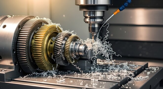 CNC milling machine cutting gears with metal shavings