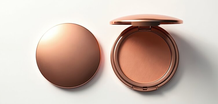 Open and closed bronze compact with cosmetic powder. Clean product shot on white. Perfect for beauty ads and makeup brands. Simple luxury design.