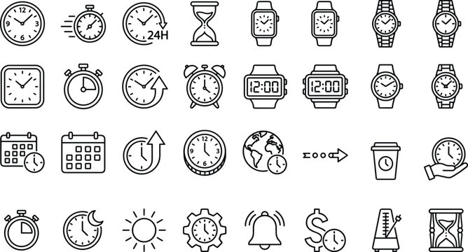 Time Management and Clock Line Icons Set Featuring Watches Schedule Countdown Productivity And Business Timing Symbols