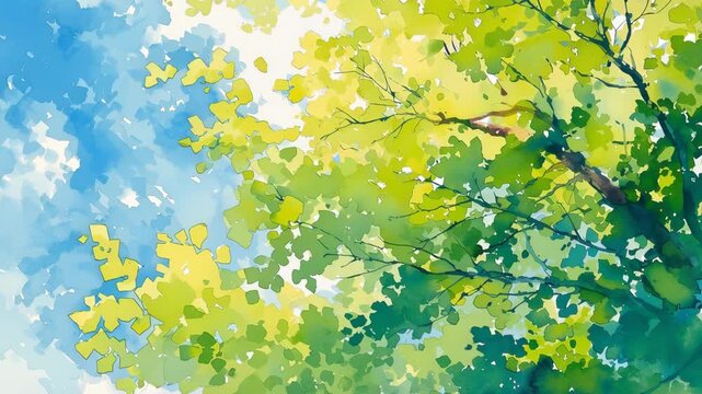 青空と新緑の木の枝ぶりの水彩イラスト背景