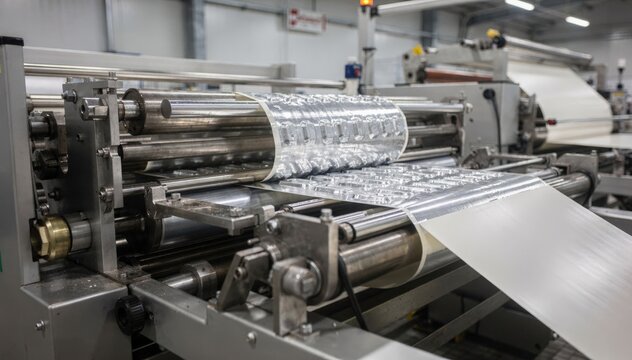 Industrial medium shot capturing coldform blister foil manufacturing process showing metal forming and coating steps for durable medicine packaging.
