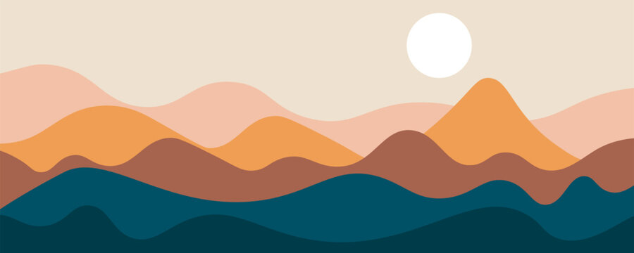 Abstract landscape poster. Nature wall decor contemporary art print, mid century mountain background. Vector
