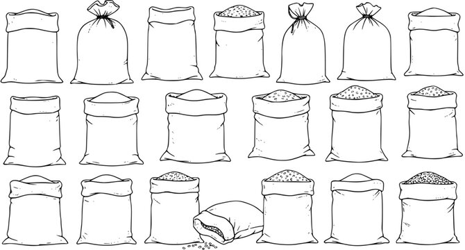 Hand-drawn line art collection of various sacks and bags: empty, full of grain, open, tied, and one spilling contents. Isolated black and white illustration.