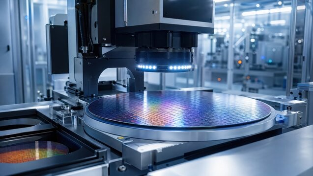 Medium shot of an AIpowered inspection station scanning semiconductor wafers for microscopic defects with advanced vision algorithms in a clean industrial environment.