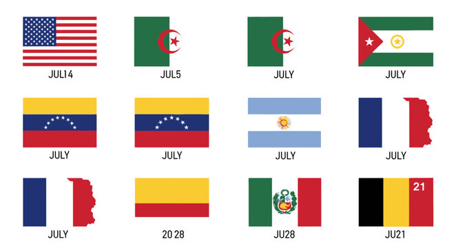 World Flags and Dates Collection: USA, Algeria, Jordan, Venezuela, Argentina, France, Spain, Peru, Belgium