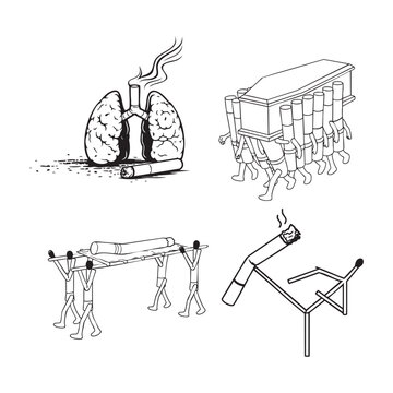 World No Tobacco Day Anti Smoking Concept Illustrations.lungs made of cigarettes, coffin carried by cigarettes, stretcher scene, and self-destructive cigarette