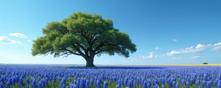 Majestic solitary tree grows in vast bluebonnet field under clear bright sky. Nature scenery shows green grass, blue flowers and green leafy branches. Idyllic landscape evokes peaceful spring.