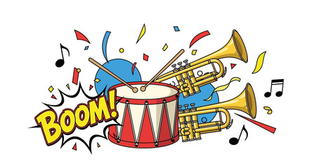Brass Trumpets and Drum with Confetti and Music Notes, Boom Sound Effect © Azrha
