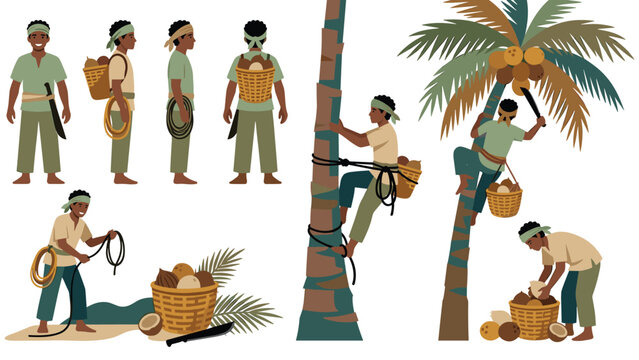 Man climbing coconut tree to harvest ripe coconuts with machete and basket.