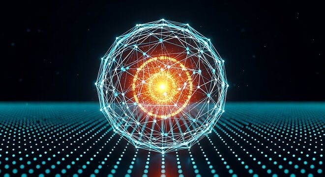 Luminous neural network globe featuring a vibrant golden core and cyan geometric shell suspended over a dotted data plane with sharp focus. Ideal for information technology marketing.