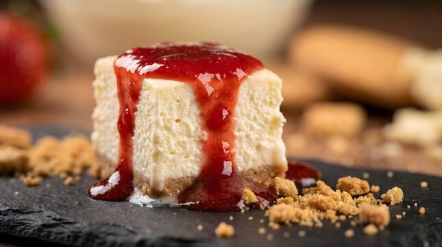 Hyper realistic close-up of a square cheesecake with strawberry jam topping on a dark slate plate with crumbs.