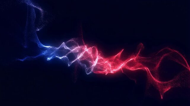Red and blue glowing particle streams colliding and mixing on a dark background