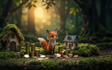 Obraz premium Fox stands between tiny houses and coins in a sunlit forest glade.