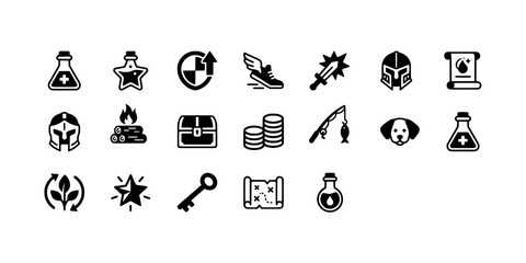 Icon set collection of adventure quest items including treasure chests, gold coins, magic potions, maps, and legendary equipment for game development. © Raka Firdaus 