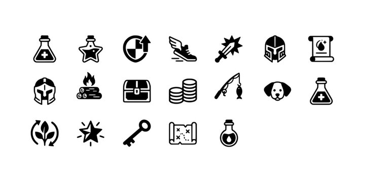 Icon set collection of adventure quest items including treasure chests, gold coins, magic potions, maps, and legendary equipment for game development.