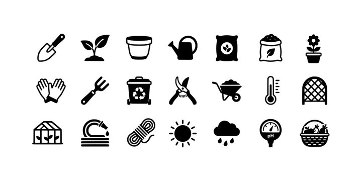 Icon set collection of gardening tools and horticulture supplies featuring watering cans, seedlings, wheelbarrows, greenhouses, and organic harvesting equipment.